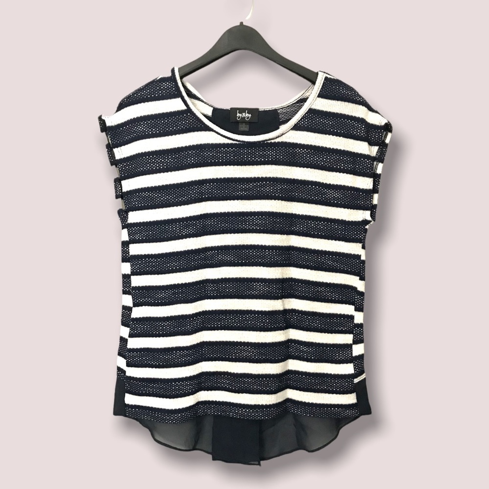 By & By Navy Blue/White Striped Lightweight Knit Short Sleeve Top